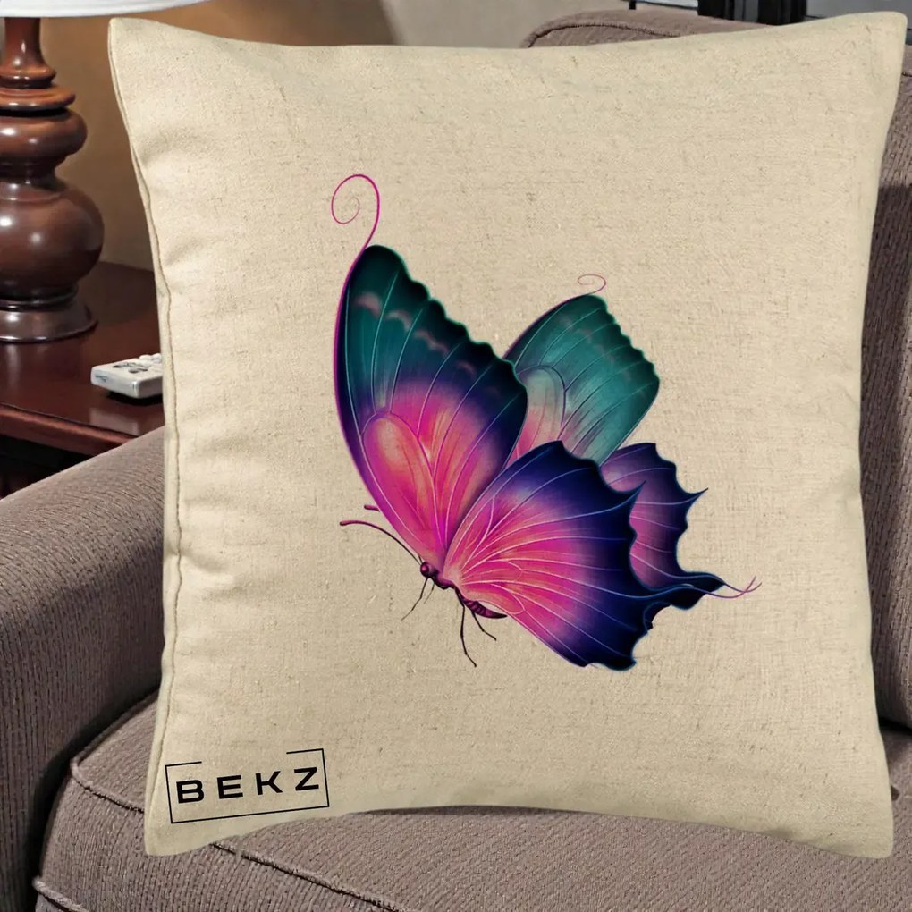 Perna Decorativa Fluture Neon, 40x40 cm, Bej, Husa Detasabila, Perna Inclusa, BEKZ®