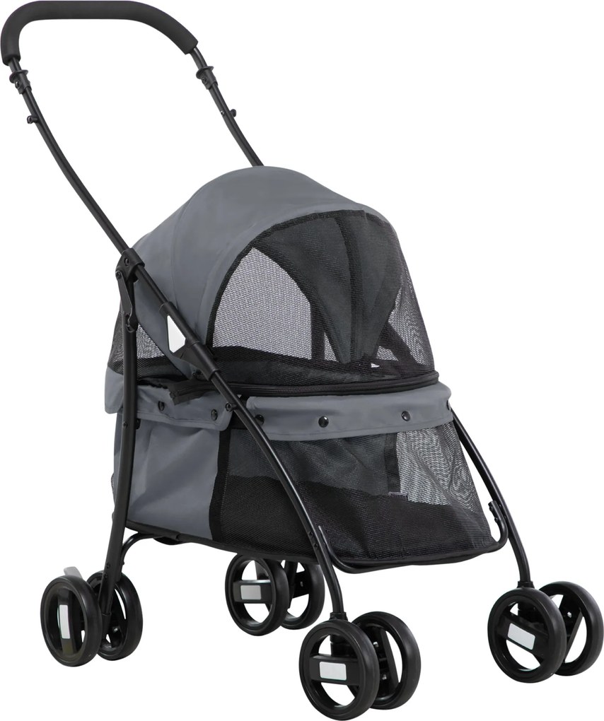 PawHut Cărucior Pliabil pentru Câini cu Acoperiș Reglabil, Geantă și 2 Lese, 82x47x97 cm, Gri | Aosom Romania