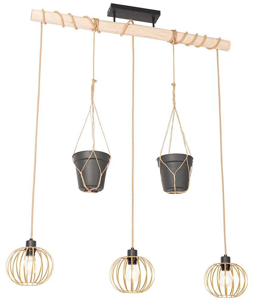 Lampă suspendată rustică aurie cu lemn 3 lumini - Yura