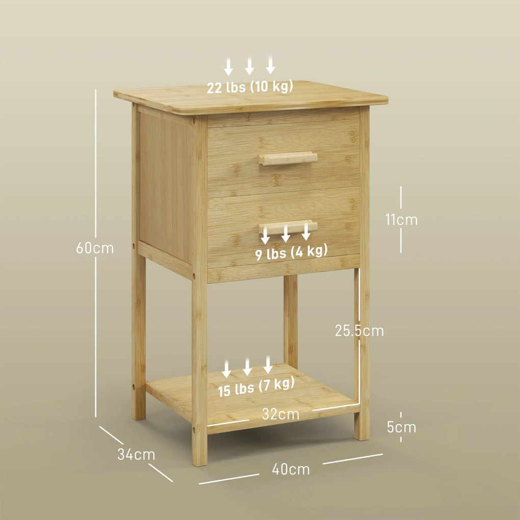 HOMCOM Noptiere, 2 piese, cu 2 Sertare și Poliță de Jos în Stil Nordic, Noptiere Moderne din Bambus, 40x34x60 cm, Lemn Natural | Aosom Romania