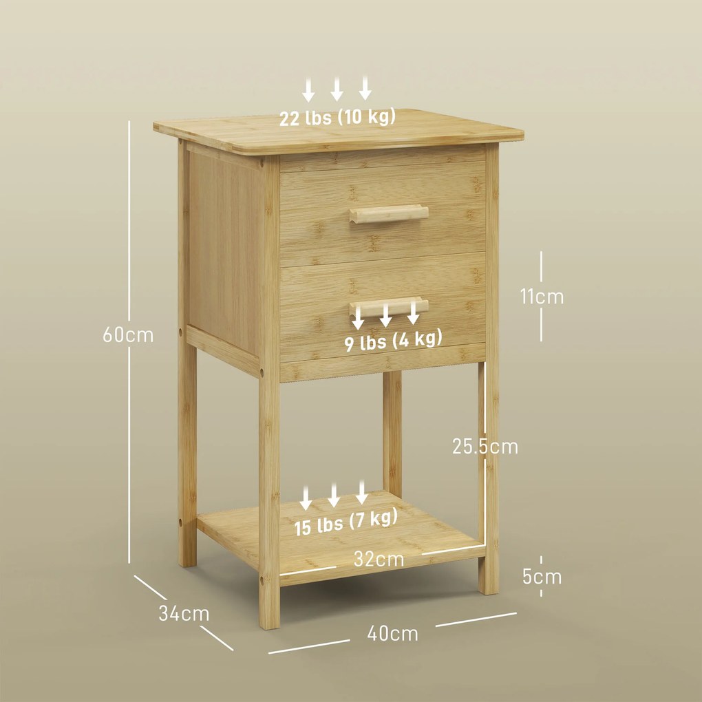 HOMCOM Set 2 Noptiere cu 2 Sertare și Poliță de Jos în Stil Nordic, Noptiere Moderne din Bambus, 40x34x60 cm, Lemn Natural | Aosom Romania