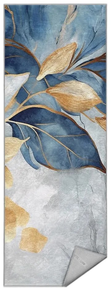 Covor tip traversă albastru/auriu lavabil 80x200 cm Golden Leaves – Mila Home