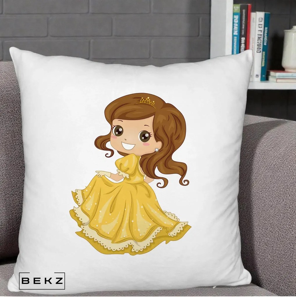 Perna Decorativa Printesa Bella Rochie Aurie, 40x40 cm, Alb Pufos, Husa Detasabila, Perna Inclusa, BEKZ®