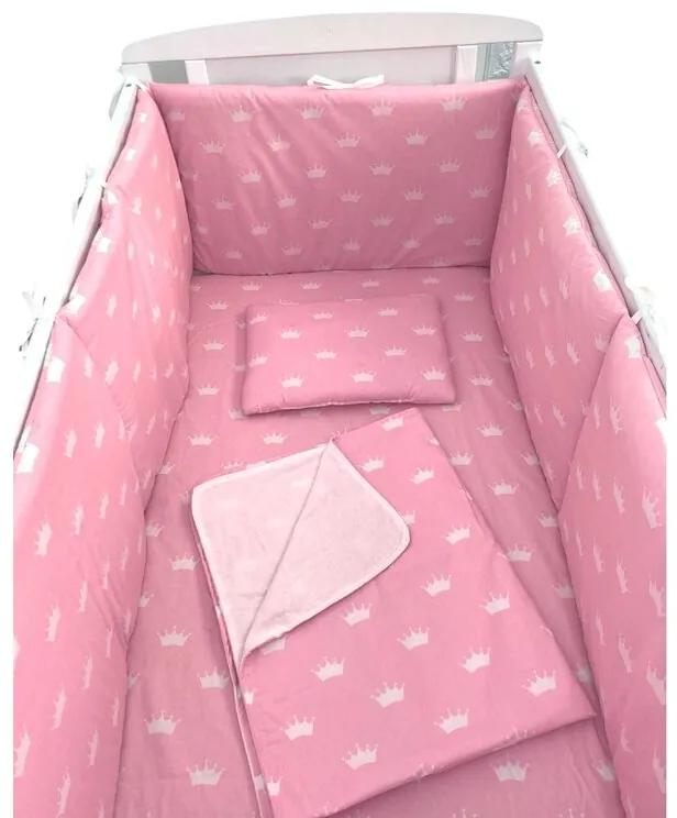 Lenjerie de pat bebelusi 140x70 cm cu aparatori laterale pufoase  cearșaf  păturică dubla și pernuta slim Deseda  Coronite albe pe roz