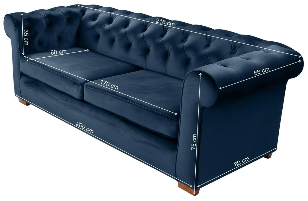 Canapea extensibila Oxford Chesterfield, 88x216x75 cm, 3 locuri, Dark Blue