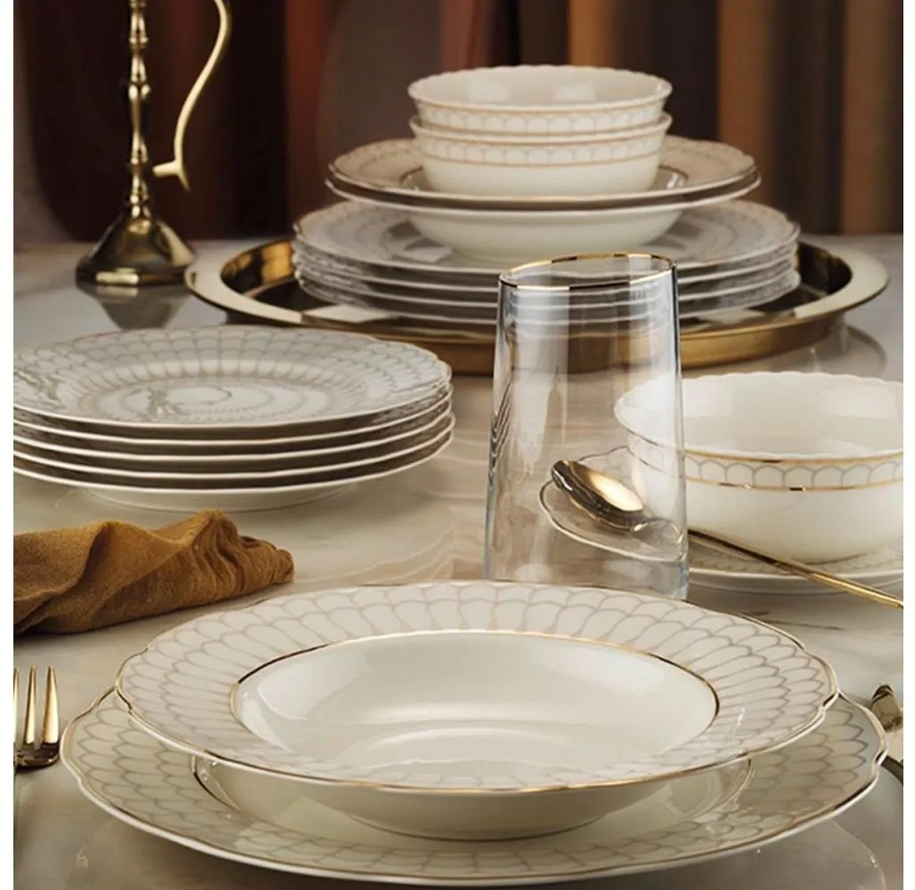 Set de masă 24 piese, porțelan alb cu accente aurii