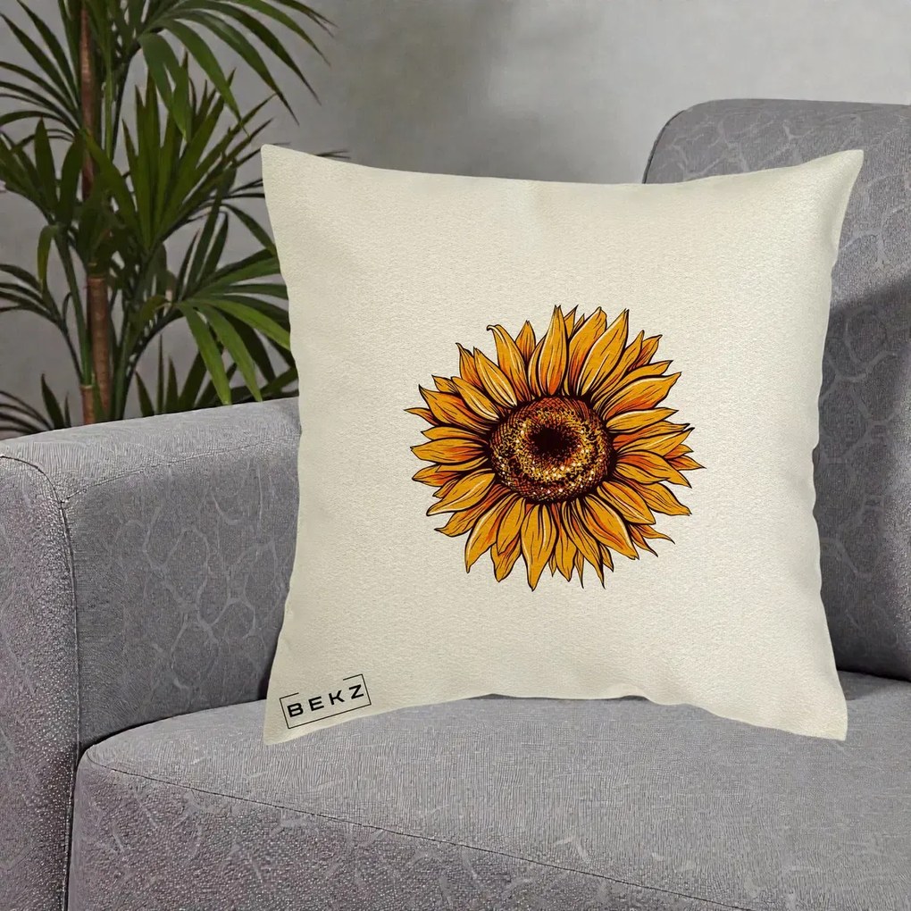 Perna Decorativa Floarea Soarelui Vibranta, 40x40 cm, Ecru, Husa Detasabila, Perna Inclusa, BEKZ®