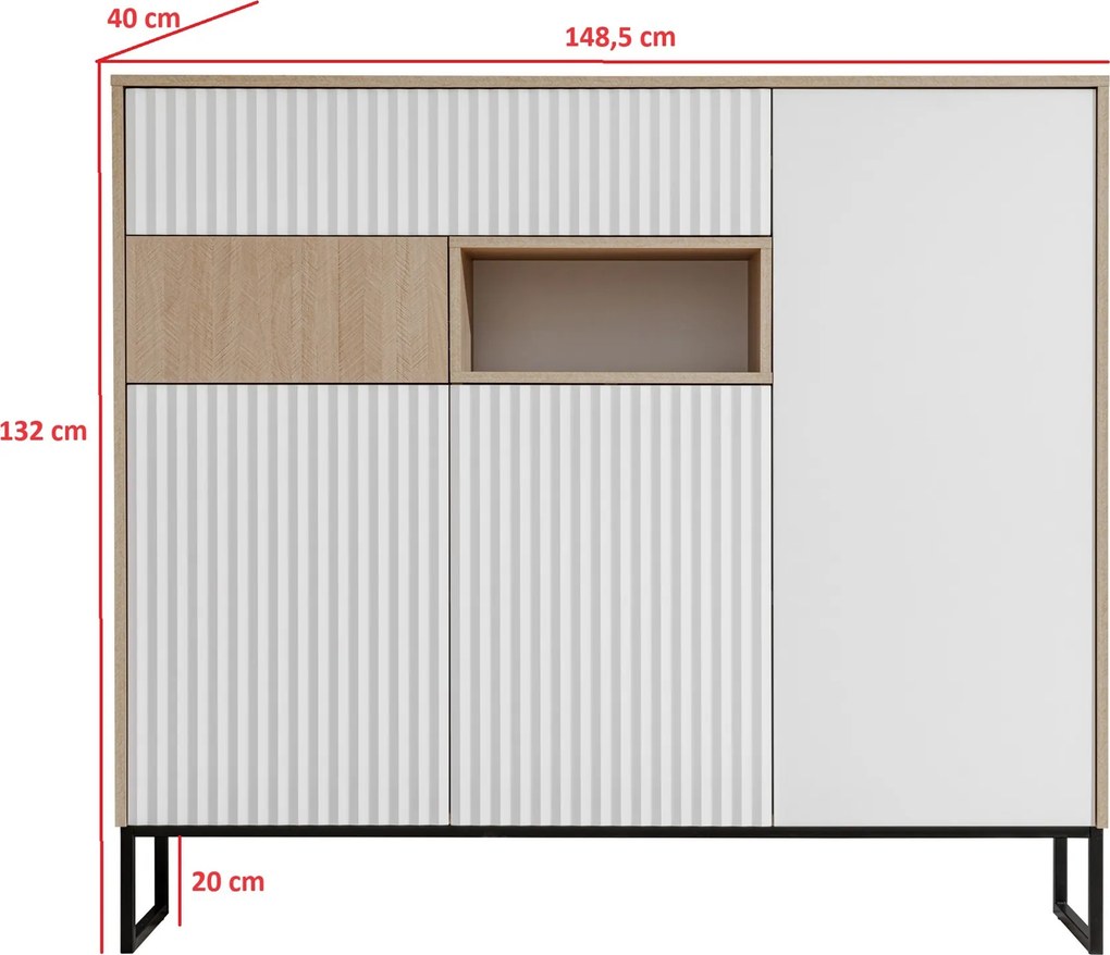 Comodă Bliwon 149 cm cu sertare - herringbone scandi/alb mat