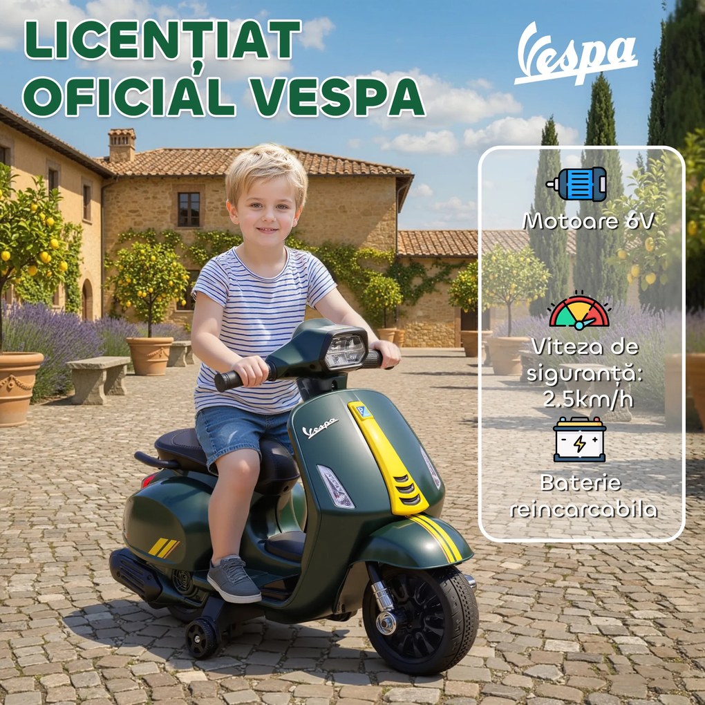 AIYAPLAY Motocicletă Electrică pentru Copii cu Licență Vespa, Baterie Reîncărcabilă 6V, Roți Laterale și Lumini, Vârsta 2-6 Ani, Verde Închis | Aosom Romania