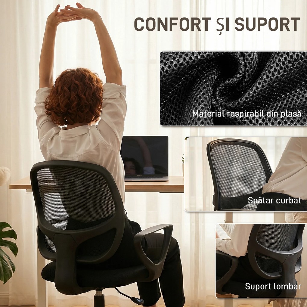 HOMCOM Scaun de Birou Ergonomic Rotativ din Plasă Respirabilă, cu Suport pentru Picioare și Înălțime Reglabilă, Negru | Aosom Romania
