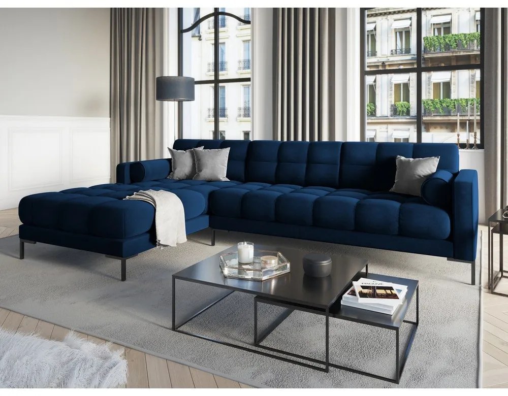 Colțar din catifea cu extensie pe partea stângă Cosmopolitan Design Bali, albastru închis