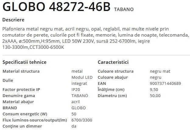Plafoniera LED cu telecomanda design modern Tabano negru mat