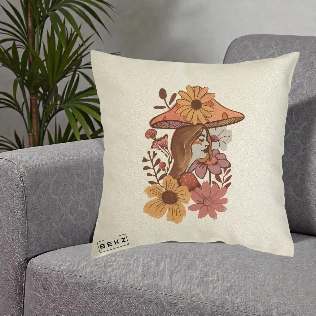 Perna Decorativa Fata Ciuperca Florala Boho, 40x40 cm, Ecru, Husa Detasabila, Perna Inclusa, BEKZ®