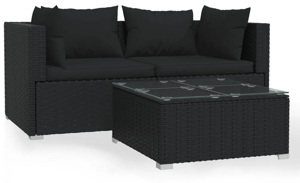 Set mobilier de gradina cu perne, 3 piese, negru, poliratan 1, Negru, 2x colt + masa, 1