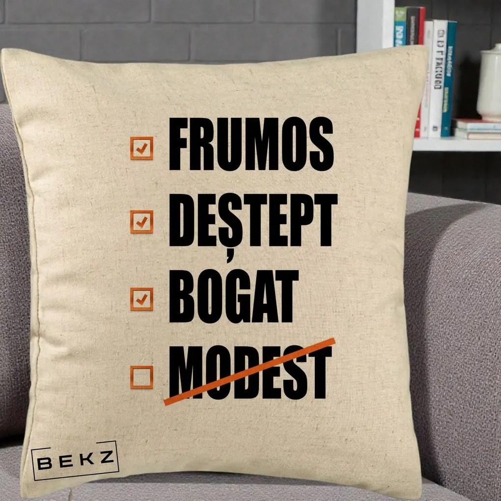 Perna Decorativa Frumos Destept Bogat, 40x40 cm, Bej, Husa Detasabila, Perna Inclusa, BEKZ®