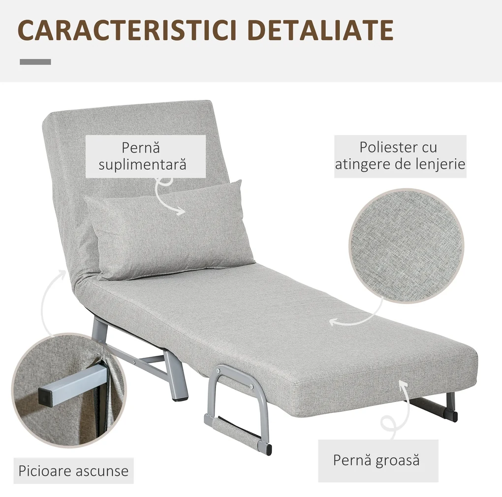 Fotoliu-pat single cu spatar rabatabil pe 5 niveluri si perna suplimentara, din Tesatura si Metal, 73x74x81cm, Gri HOMCOM | Aosom RO