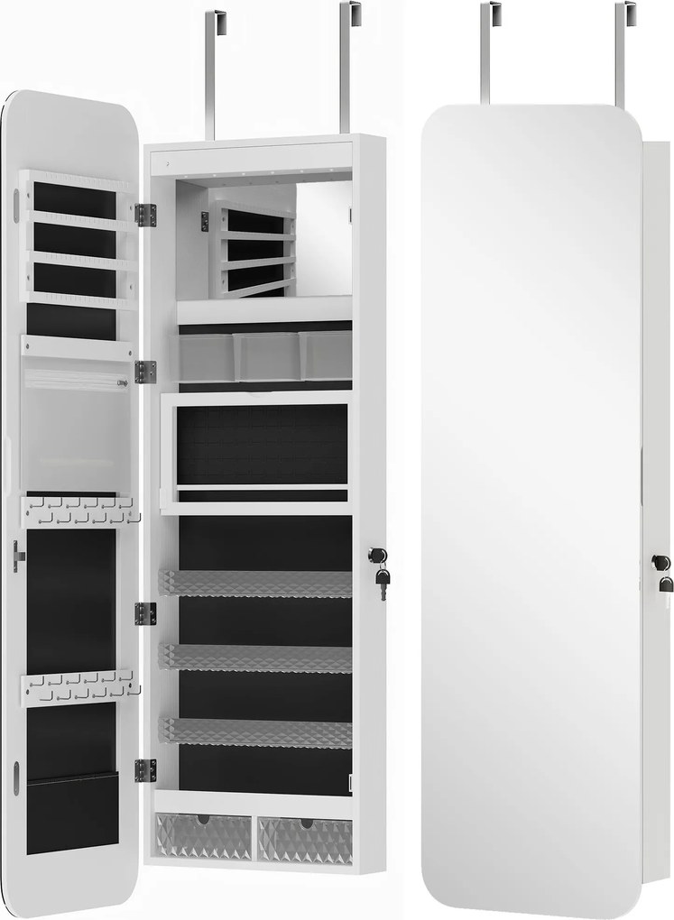 HOMCOM Dulap pentru Bijuterii Montabil pe Perete cu Oglindă Internă și LED-uri, Înălțime 120 cm, Economisire Spațiu, Sertare, Încuietoare și Cheie, Poliță Rabatabilă, Alb și Negru | Aosom Romania