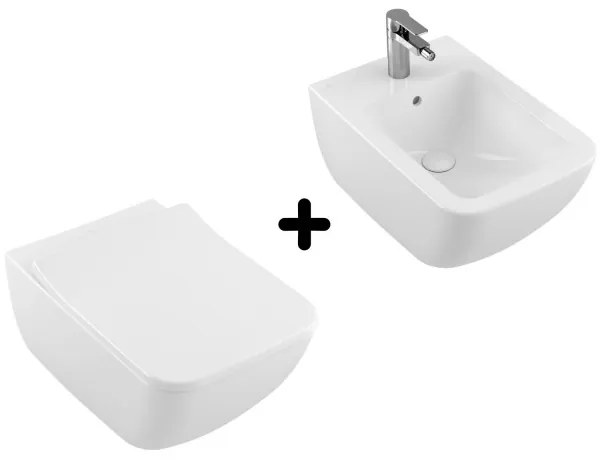 Pachet vas WC rimless suspendat + bideu suspendat, Villeroy&amp;Boch Venticello, DirectFlush, cu capac WC inchidere lenta