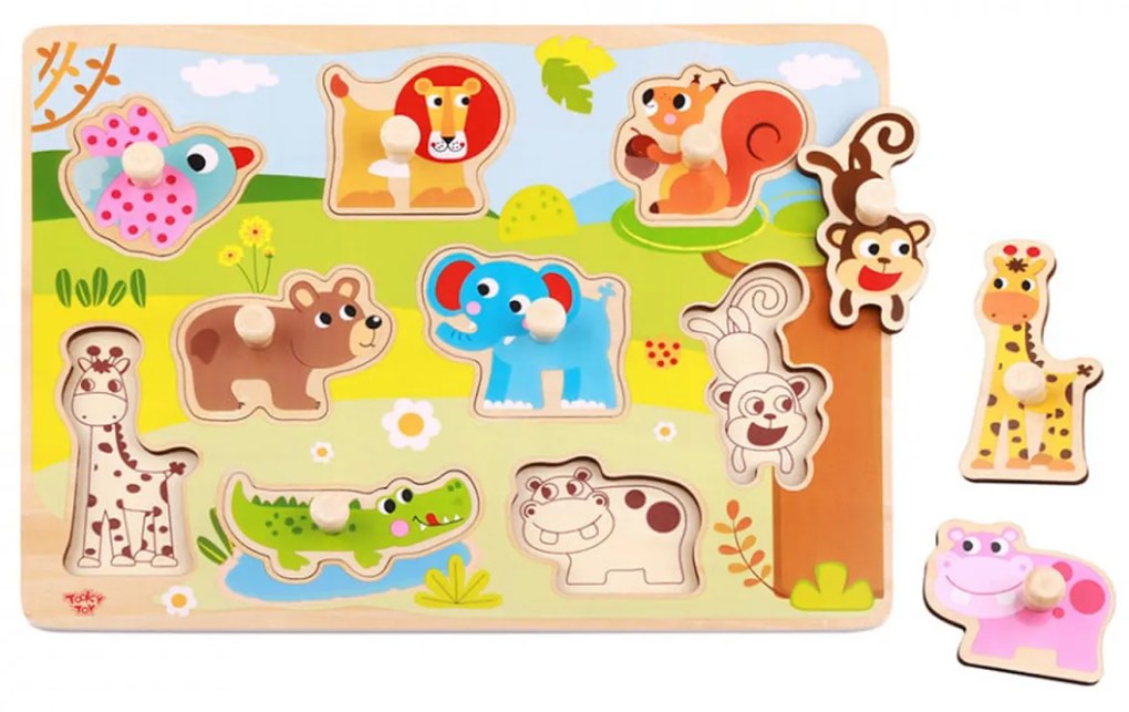 Puzzle 3D din lemn masiv NOVOKIDS™ Wooden Happy Animals, 9 piese, Cu animalute, Materiale Eco, Multicolor