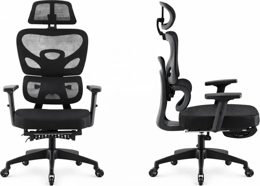 Scaun ergonomic, cotiere 3D, suport lombar adaptiv, spătar reglabil pe inaltime, tetiera 3D, suport pentru picioare, pivotant, Mesh, Negru