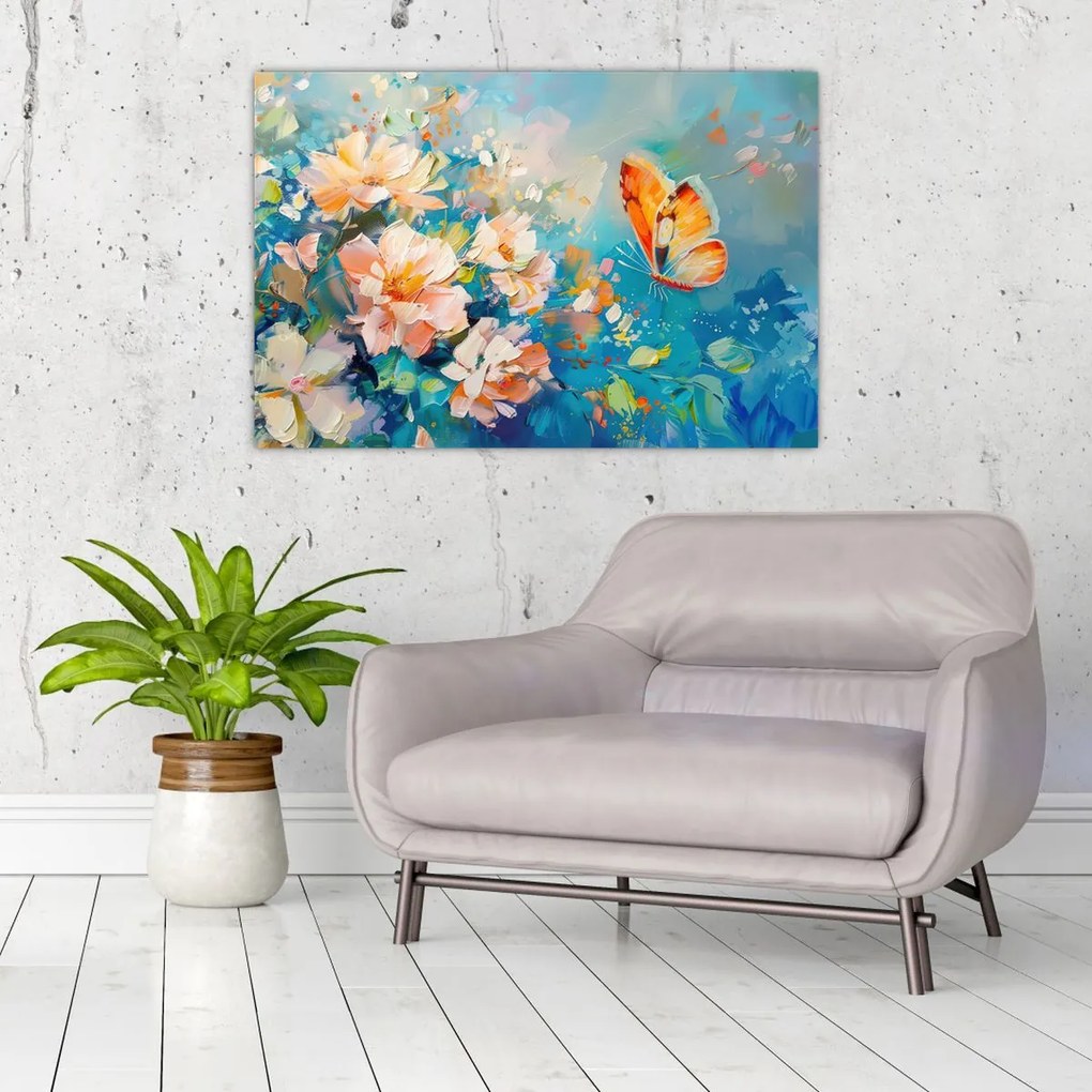 Tablou - Fluture și flori, pictură în ulei II. (90x60 cm)