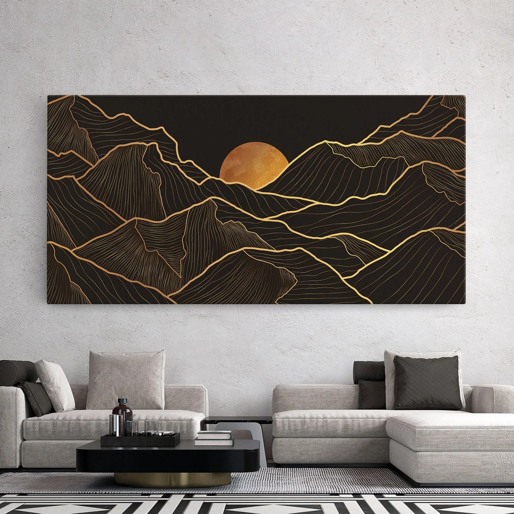 Tablou Canvas, 100x200cm, Dormitor si Living, Peisaje, Munti, Black Gold Mountains