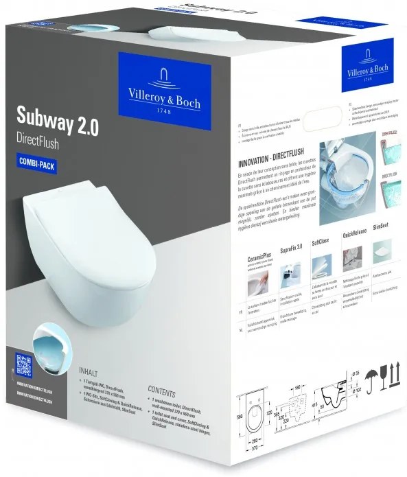 Set vas WC rimless suspendat, Villeroy&amp;Boch Subway 2.0, DirectFlush, cu capac inchidere lenta, 37x56cm, Alb Alpin, 5614R201