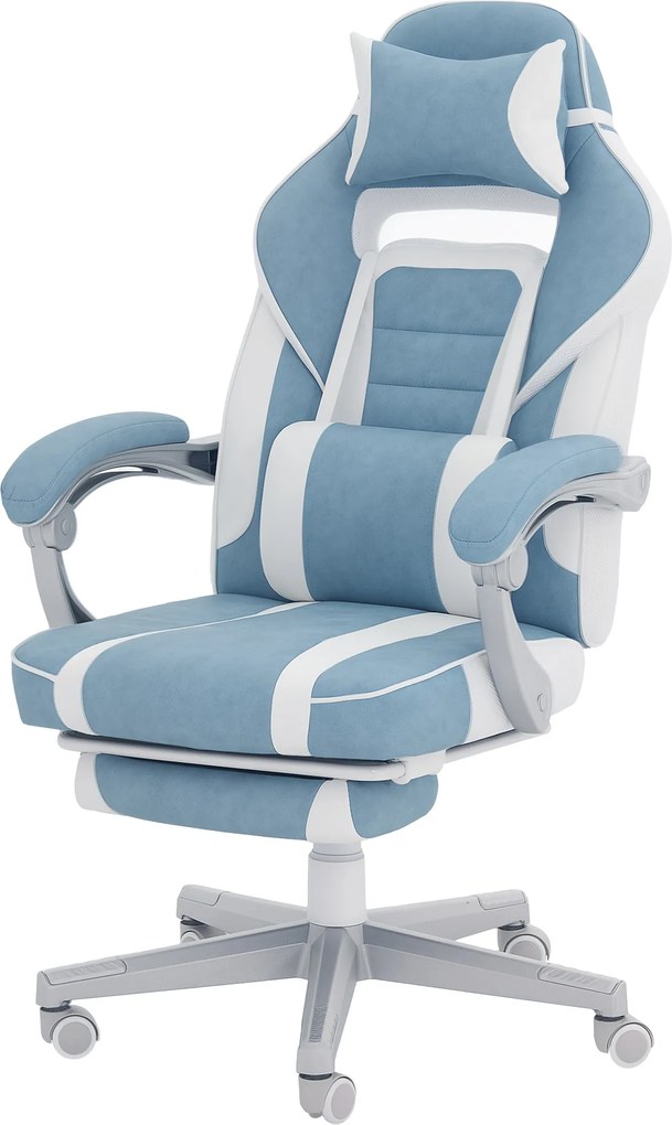 HOMCOM Scaun Gamer Rabatabil cu Înălțime Reglabilă Suport Retractabil pentru Picioare Suport Lombar și Tetieră Detașabilă Albastru | Aosom Romania