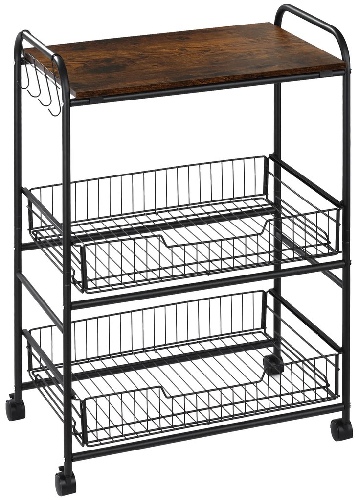 HOMCOM Cărucior Auxiliar cu Roți de 3 Nivele Cărucior de Bucătărie cu 2 Coșuri și 4 Cârlige 60x38x85,5 cm Maro Rustic | Aosom Romania