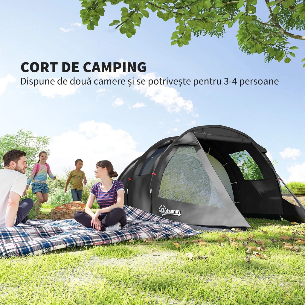 Outsunny Cort Tunel pentru 3-4 Persoane, Cort de Camping cu Doua Camere, cu Ferestre si Obloane, Geanta de Transport Portabila, pentru Pescuit, Drumetii, Sport, Festival, Negru | Aosom Romania