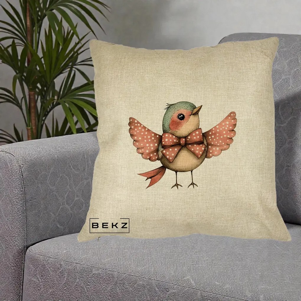 Perna Decorativa Pasare Roz cu Aripi si Fundita, 40x40 cm, Crem, Husa Detasabila, Perna Inclusa, BEKZ®
