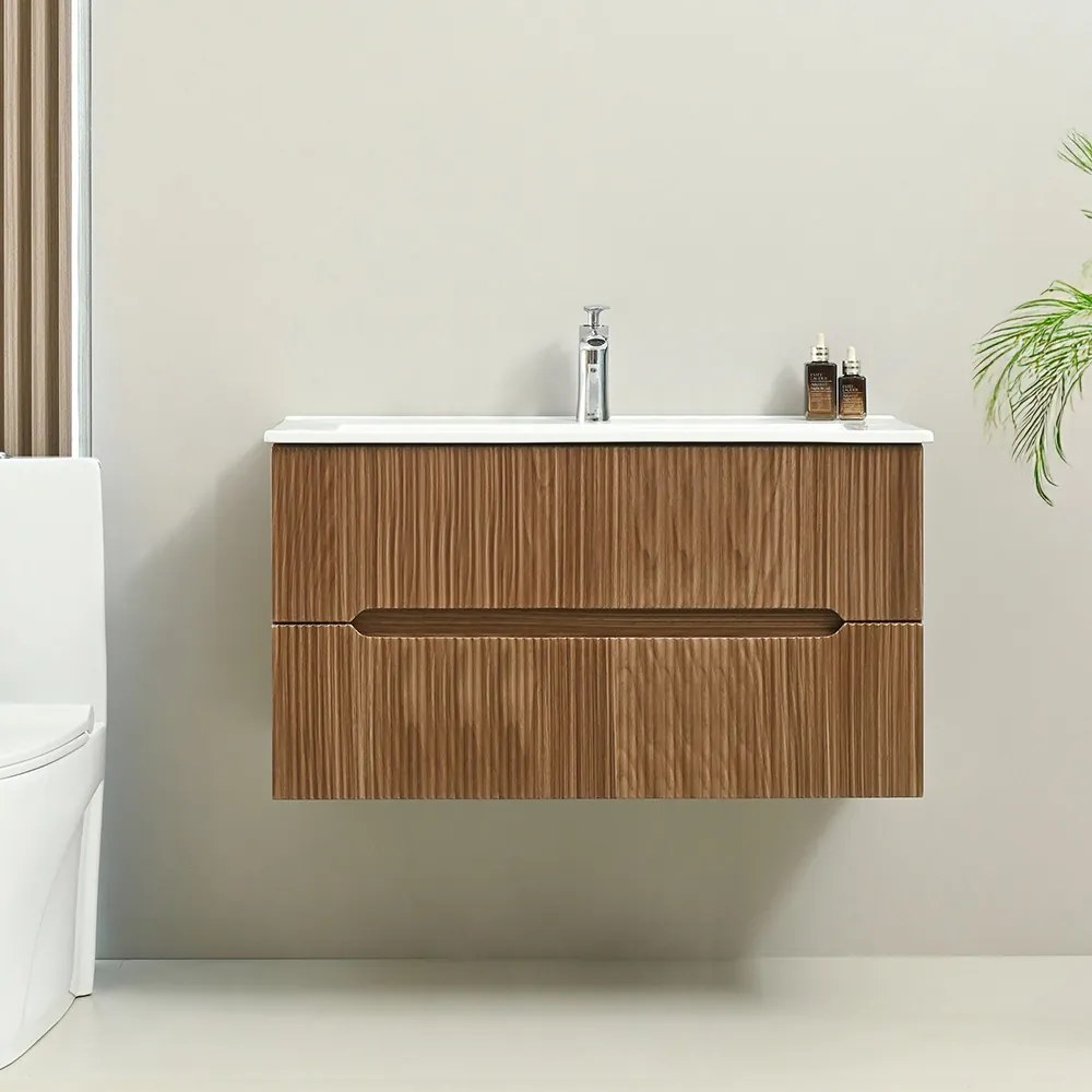 Mască de baie Trent 100 cu chiuvetă ceramică, 2 sertare, stejar apus de soare