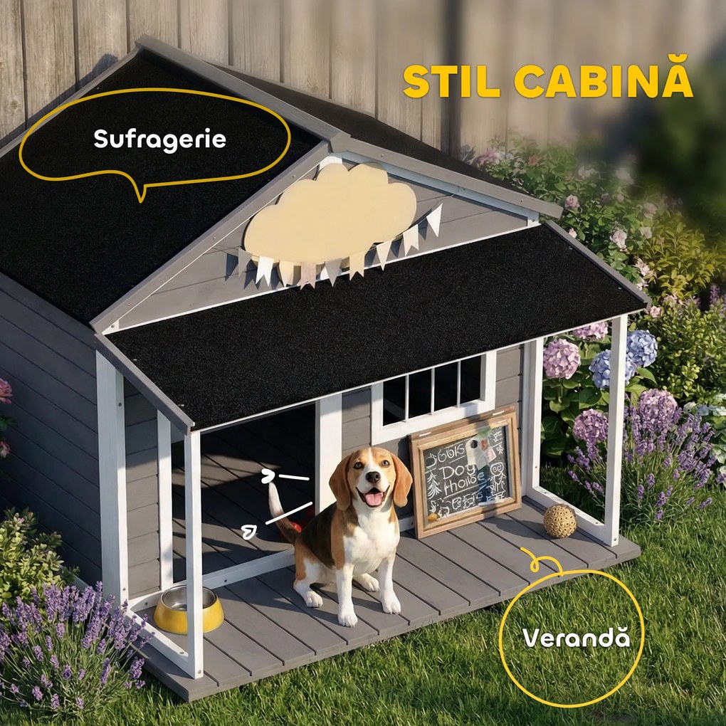 PawHut Casuță din Lemn de Exterior pentru Câini, Cușcă pentru Câini cu Terasă, Fereastră și Acoperiș Impermeabil, 124x112x105 cm, Gri | Aosom Romania