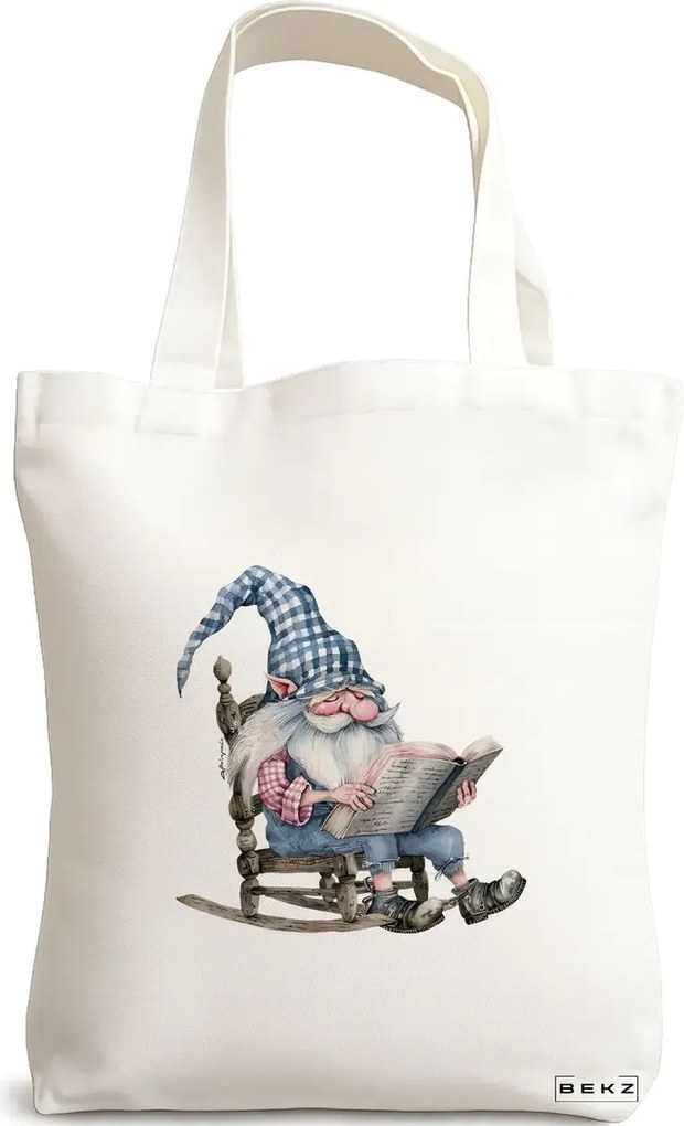 Sacosa de Panza pentru Cumparaturi, Geanta Tote, model The Bookish Gnome 15 38 x 34.5 cm, Alba, BEKZ®