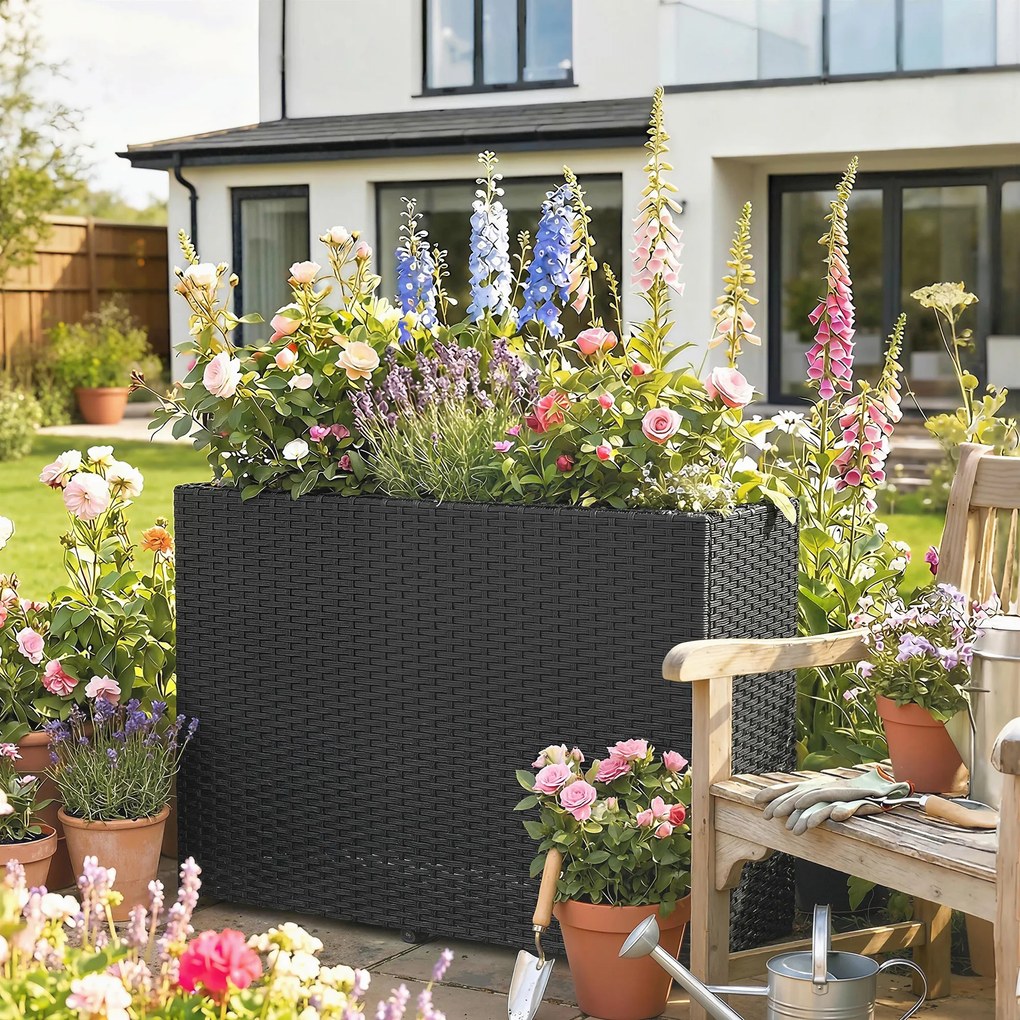 Outsunny Jardinieră înălțată din rășină împletită, suport flori cu vas detașabil și picioare reglabile, cadru din oțel, negru | Aosom Romania