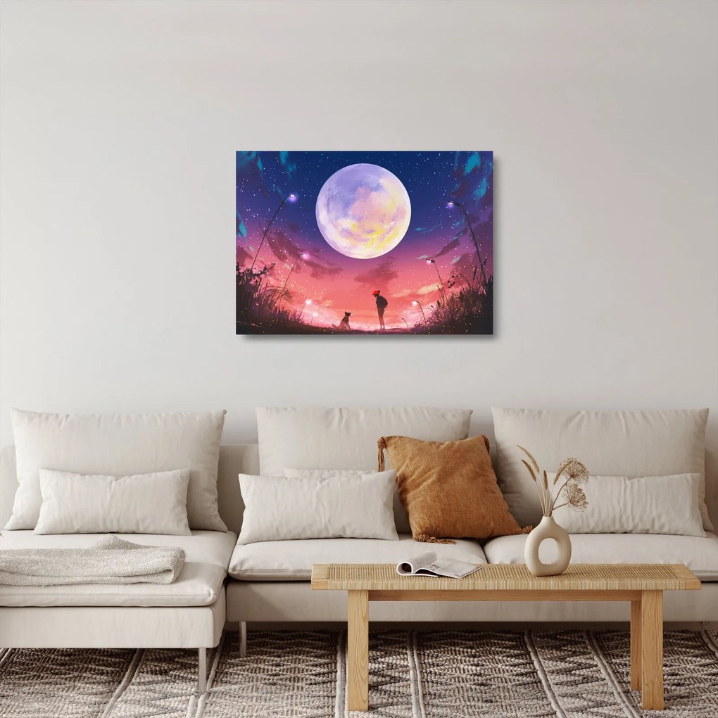 Tablou pe sticlă - Femeie și câine pe lună plină (70x50 cm)