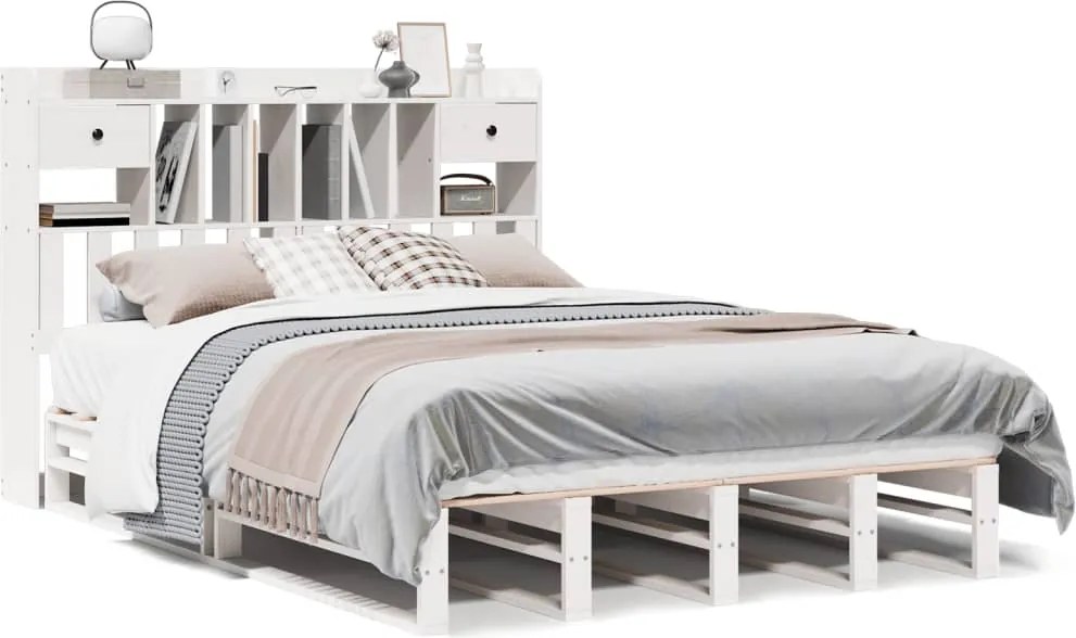 vidaXL Pat cu bibliotecă fără saltea, alb, 140x200 cm, lemn masiv pin