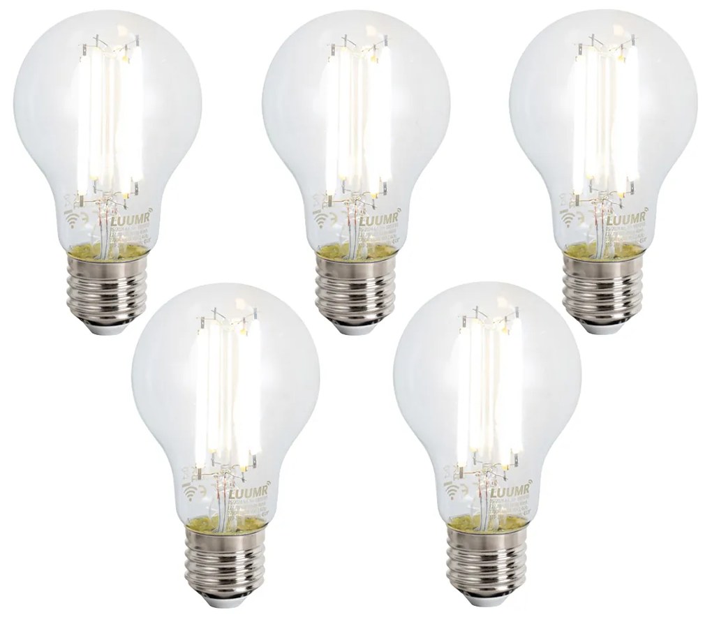 Set de 5 becuri LED inteligente E27, reglabile, A60, transparente, 7W, 806 lm, 2700-6500K