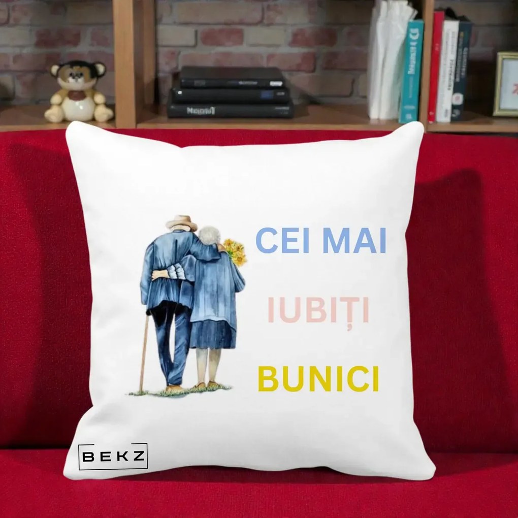 Cadou pentru Bunici - Perna Personalizata Cei Mai Iubiti Bunici Acuarela Spate, 40x40 cm, Alba Mata, Husa Detasabila, Perna Inclusa, BEKZ®