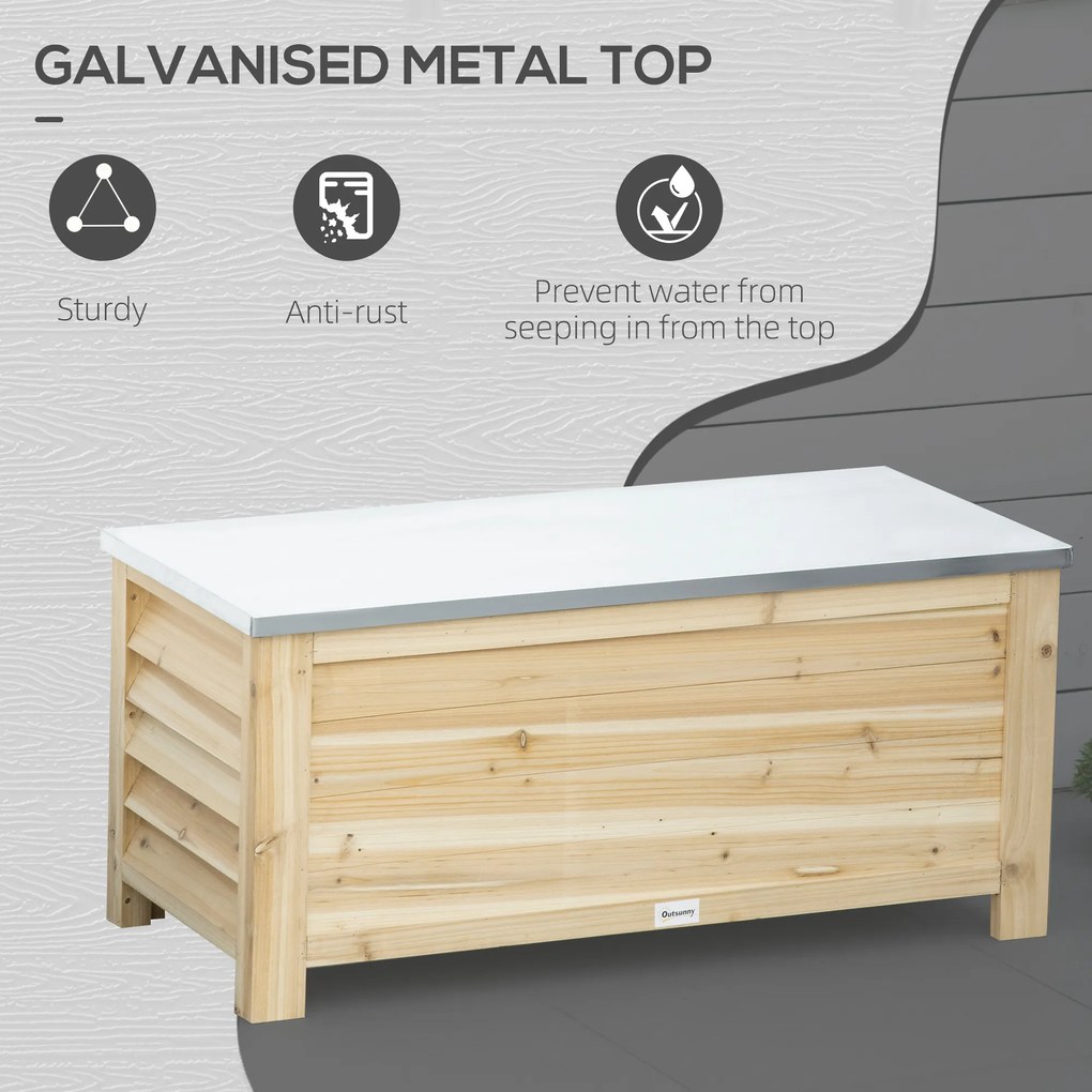 Outsunny Ladă de Depozitare Exterior din Lemn cu Capac Metalic Galvanizat și Design cu Șipci 110x50x50 cm Lemn Natural | Aosom Romania