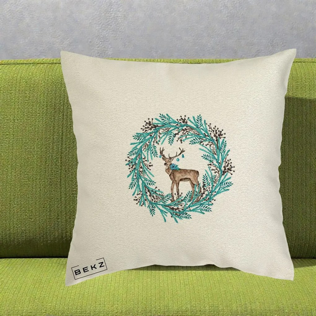 Perna Decorativa Coroana Turcoaz cu Ren, 40x40 cm, Ecru, Husa Detasabila, Perna Inclusa, BEKZ®