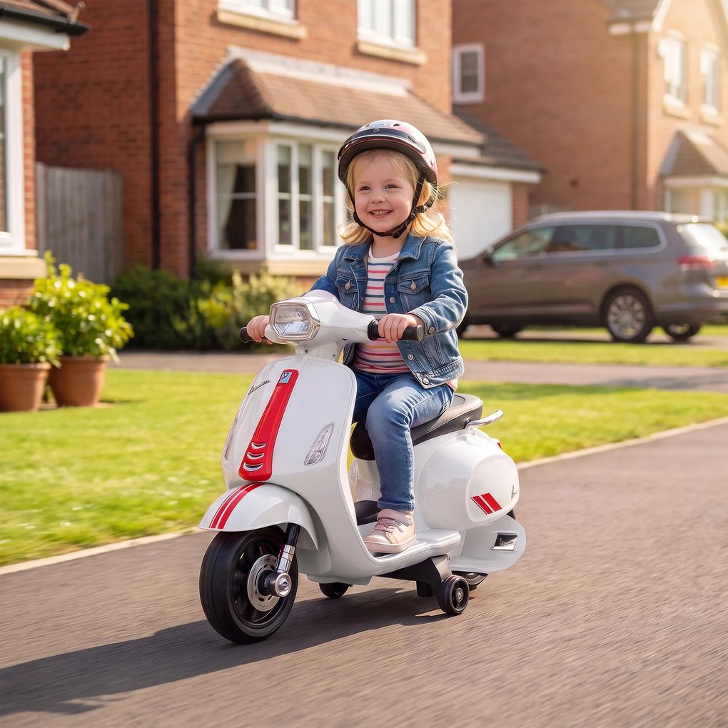 AIYAPLAY Motocicletă Electrică pentru Copii cu Licență Vespa, Baterie Reîncărcabilă 6V, Roți Ajutătoare și Lumini, 2-4 Ani, Albă | Aosom Romania