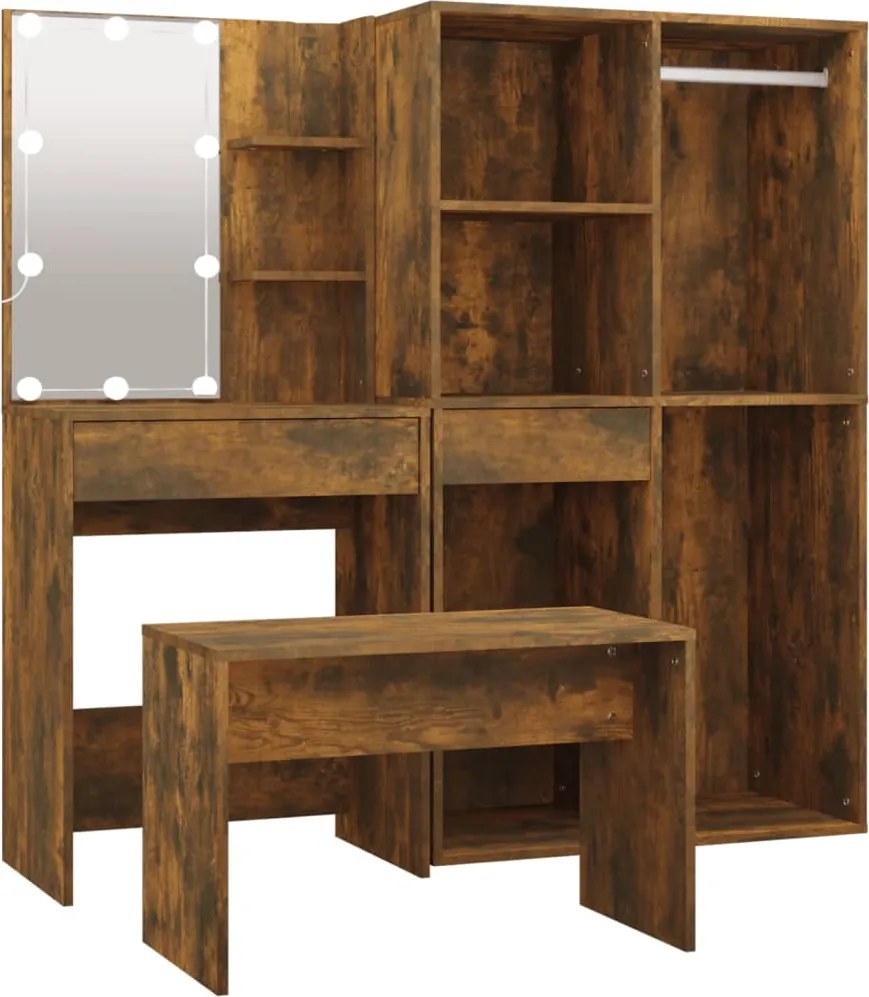 vidaXL Set măsuță de toaletă cu LED, stejar afumat, lemn prelucrat