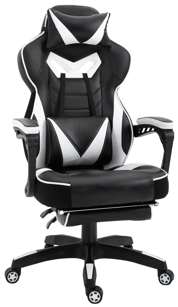 Vinsetto Scaun Gaming Ergonomic, Fotoliu de Birou confortabil cu Suport de Picioare, Perne pentru Cap și Zonă Lombară, Înălțime Reglabilă, negru și alb | Aosom Romania