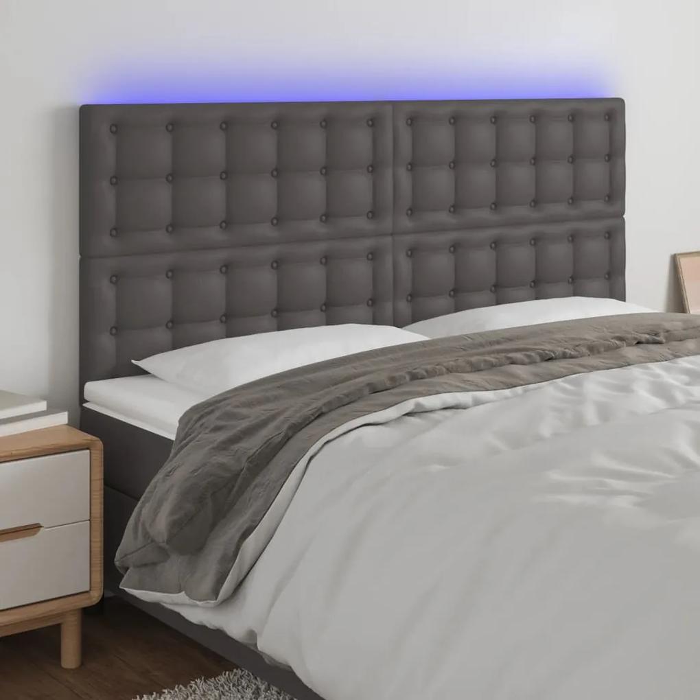 3122530 vidaXL Tăblie de pat cu LED, gri, 180x5x118/128 cm, piele ecologică