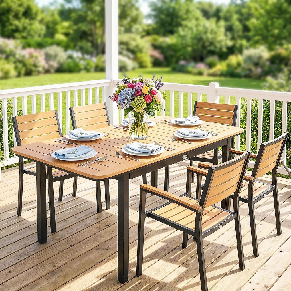 Outsunny Masă de Grădină pentru 6 Persoane, 127 x 70 cm, Masă de Exterior cu Blat cu Lamele din Lemn Plastic, Cadru Metalic | Aosom Romania