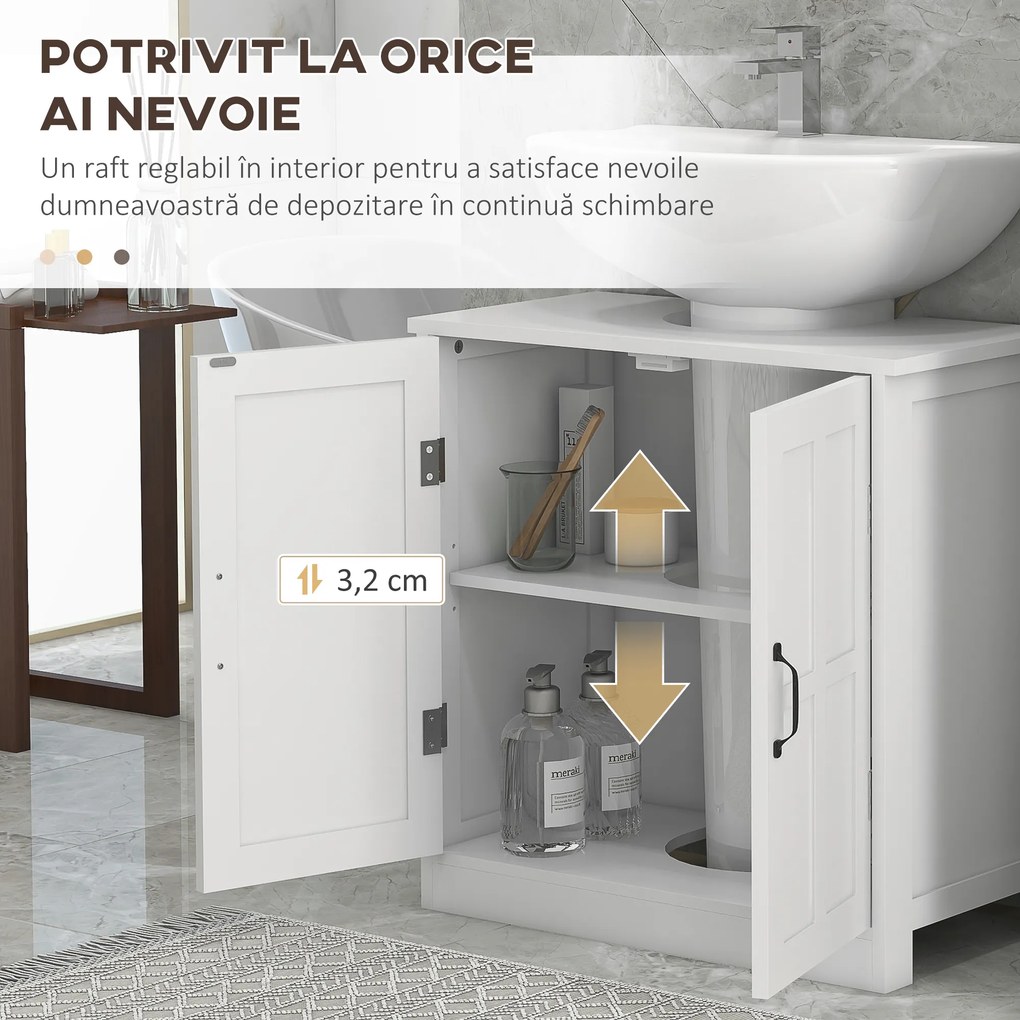 kleankin Dulap pentru Chiuvetă cu Piedestal, Dulap Sub Chiuvetă cu 2 Uși și Raft Reglabil, Dulap de Baie cu Decupaj în Formă de U, Alb | Aosom Romania
