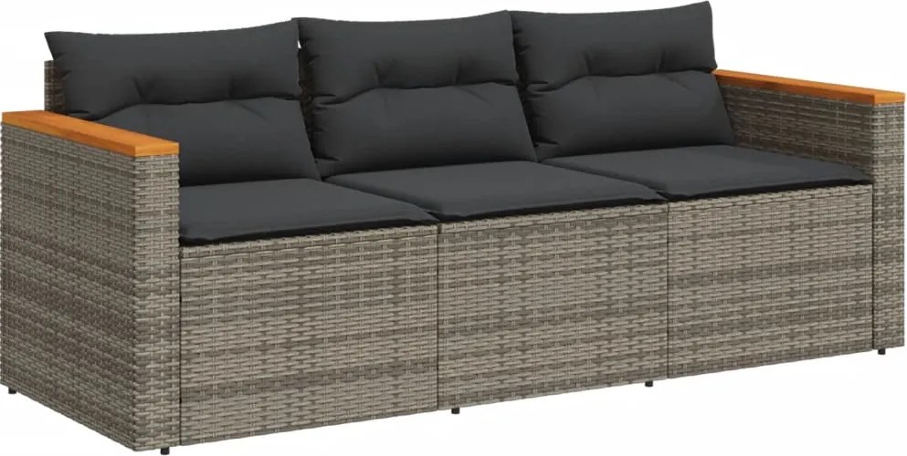 vidaXL Canapea de grădină cu perne, cu 3 locuri, gri, poliratan