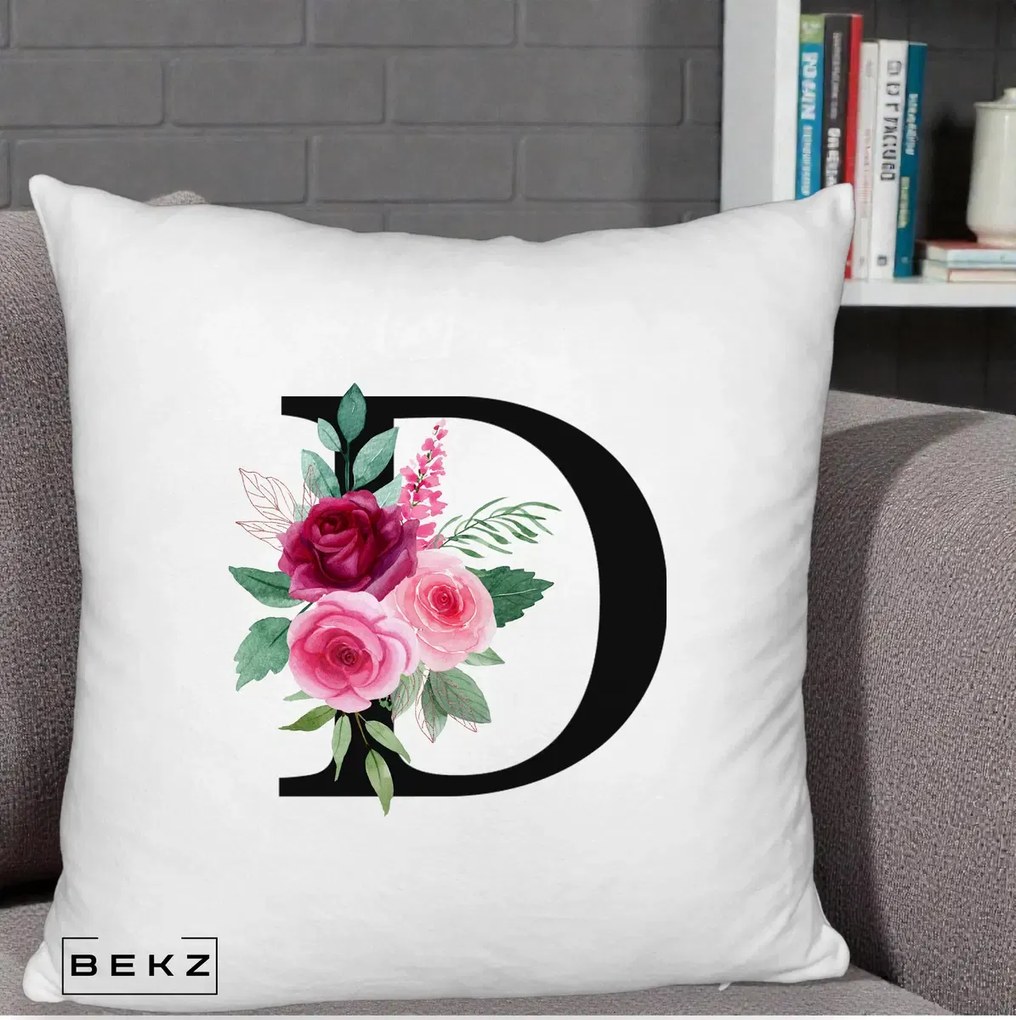 Cadou Personalizat - Perna Personalizata Monograma Florala Litera D, 40x40 cm, Alb Pufos, Husa Detasabila, Perna Inclusa, BEKZ®