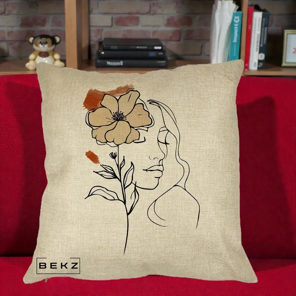 Perna Decorativa Portret Feminin Floare Bej Terracotta, 40x40 cm, Crem, Husa Detasabila, Perna Inclusa, BEKZ®